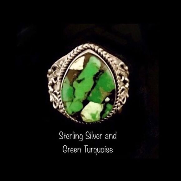 VINTAGE Green Turquoise Sterling Silver 925 Ring Sz 6-1/2 - Picture 1 of 9